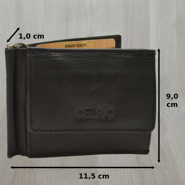 flevado Echt Leder Geldbörse klein schmal mit Dollar Clip Herrengeldbörse Geldscheinklipp mit Maxi Münzfach RFID Schutz schwarz